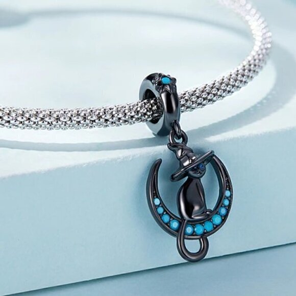 Black Plated Gold over Sterling Silver Black Cat on Turquoise Moon Dangl… - Picture 6 of 7